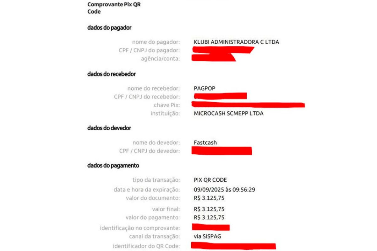 Comprovante do Pix feito por Ivan através da Klubi