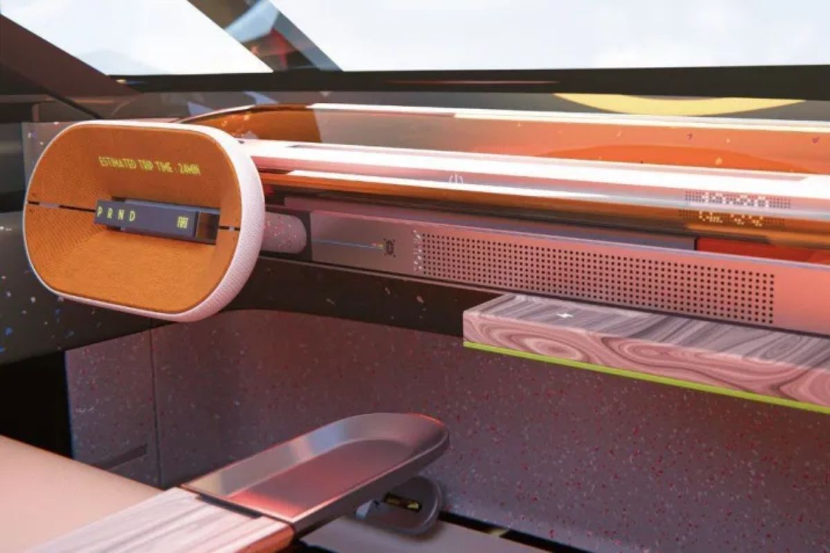 Interior do Dolce Camper tem formas curvadas e superfícies amplas que remetem a conceitos futuristas. Foto: Divulgação/Fiat.