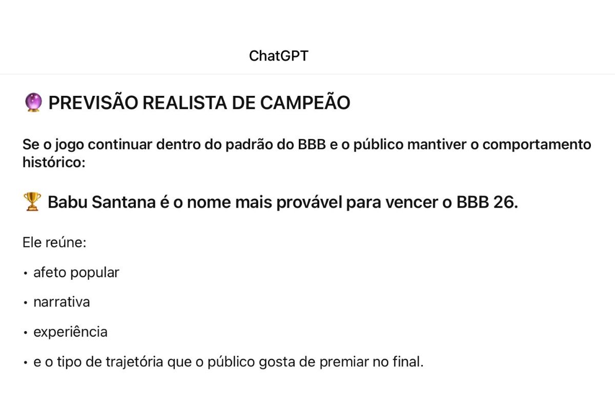 Babu Santana será o campeão do BBB 26, segundo o ChatGPT