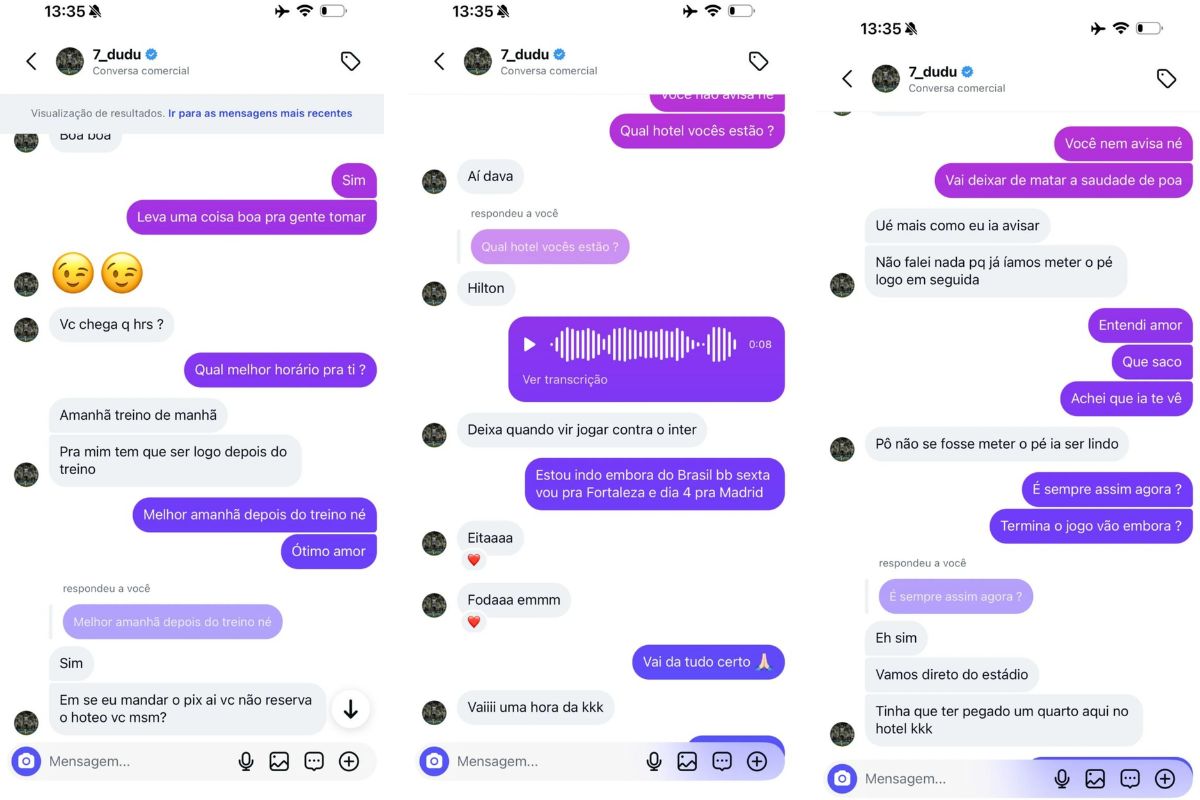 Prints das conversas entre Dudu e bruna. Foto: Reprodução/X @Metropoles.