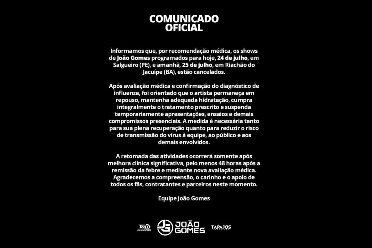 Comunicado da equipe de João Gomes