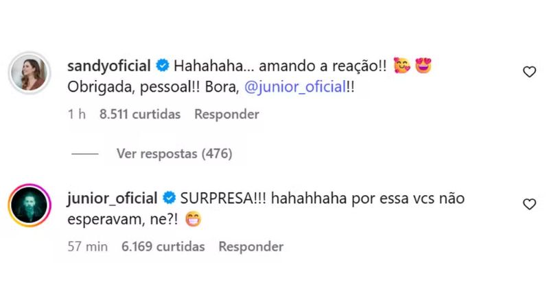 Reação de Sandy e Junior no Instagram (Foto: Reprodução/Instagram)
