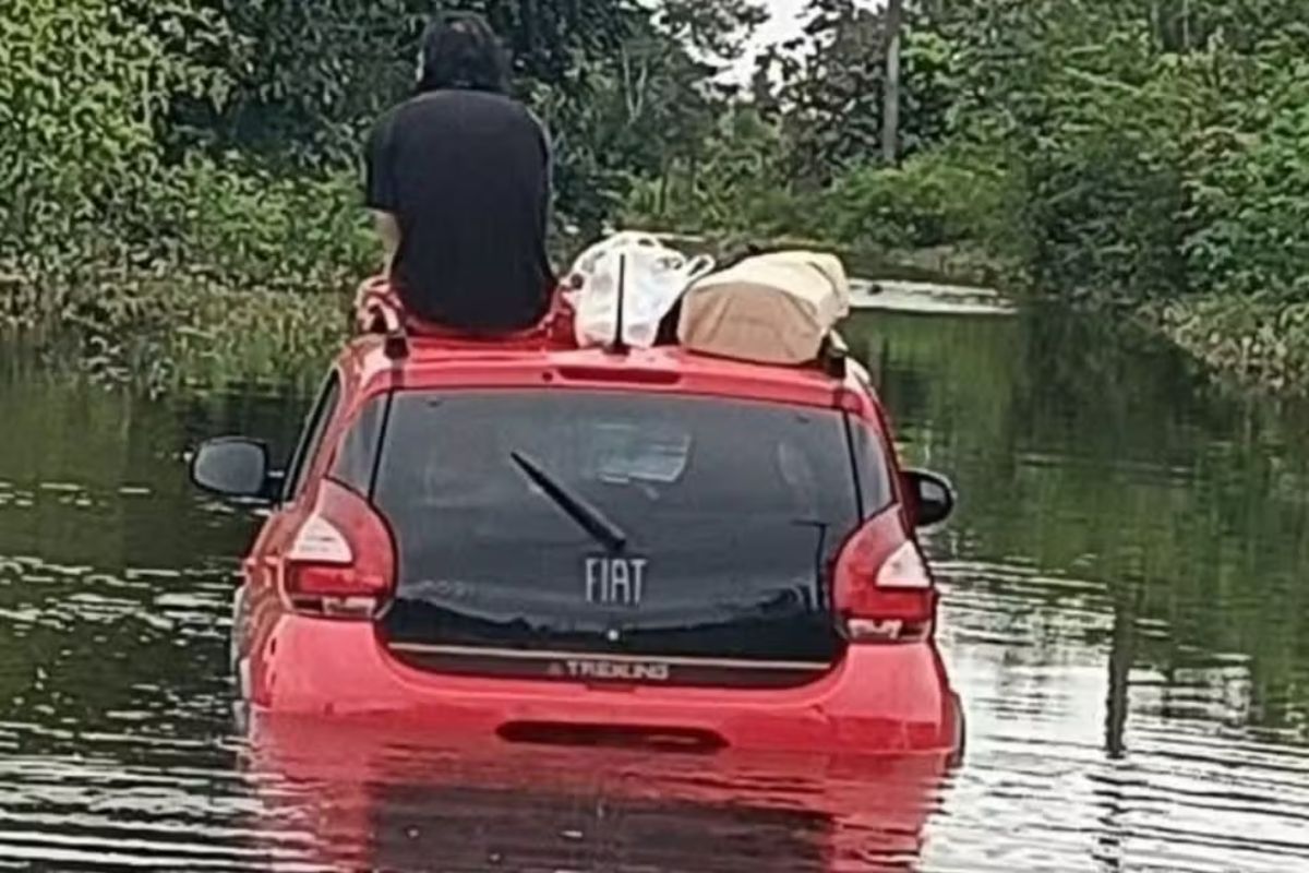 Foto: Homem fica preso em teto de carro após enchente | Reprodução / Defesa Civil SP